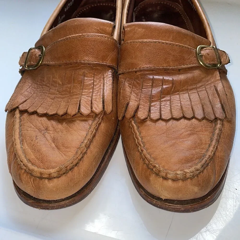 Allen Edmonds‎ Woodville tan slip on loafers with fringe & buckle